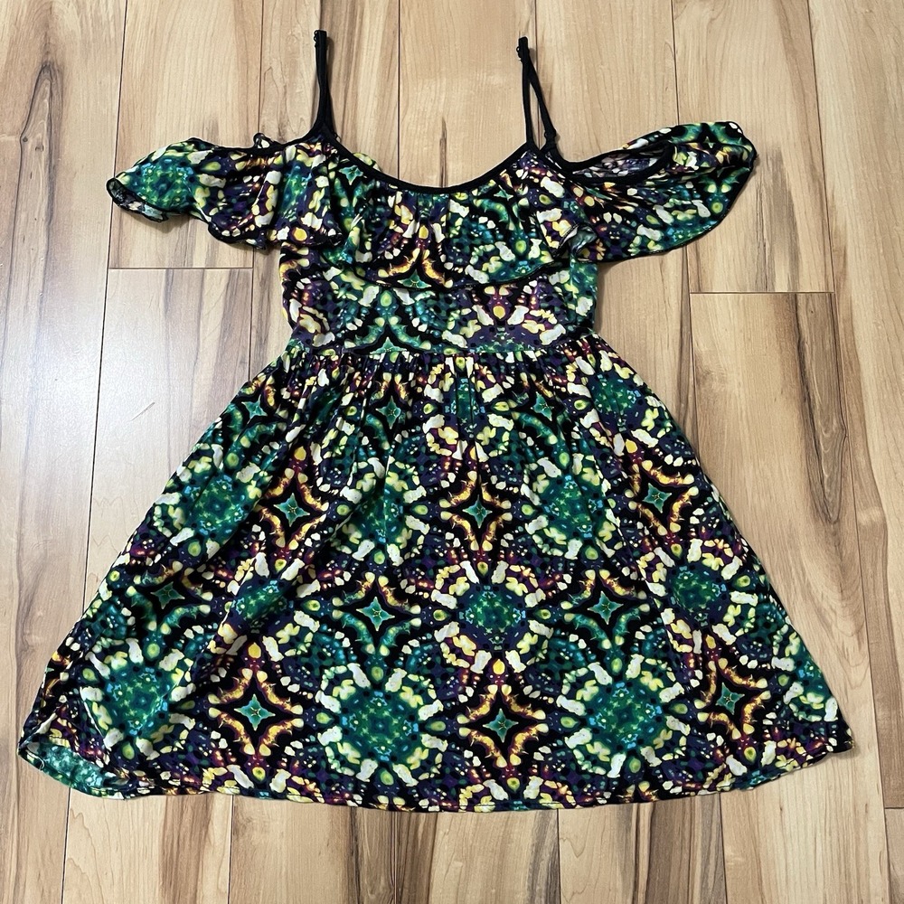 Lottie And Holly Whimsy Goth Mini Dress Green Stained Glass Cold Shoulder Sz XS